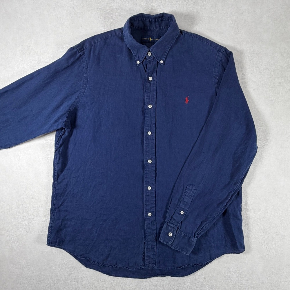 Ralph Lauren Mens XL Navy Blue 100% Linen Long Sleeve Button Down Shirt Red Pony